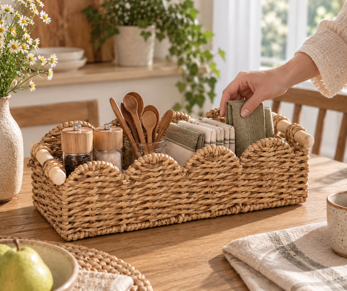 Khaki Paper Rope Scalloped Storage Basket with Wooden Handles