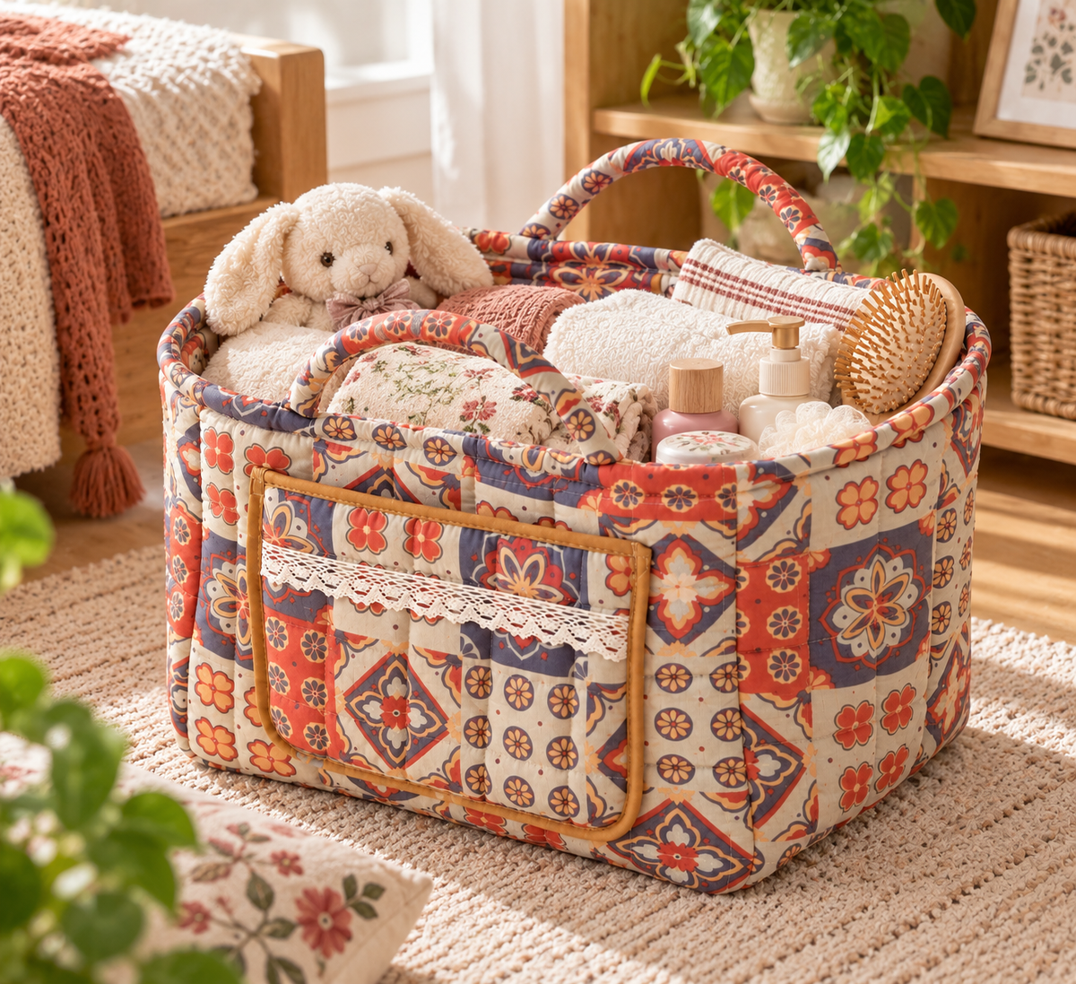 Vintage Ethnic Geometric Fabric Storage Basket