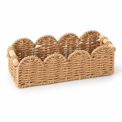 Khaki Paper Rope Scalloped Storage Basket with Wooden Handles