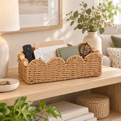 Khaki Paper Rope Scalloped Storage Basket with Wooden Handles
