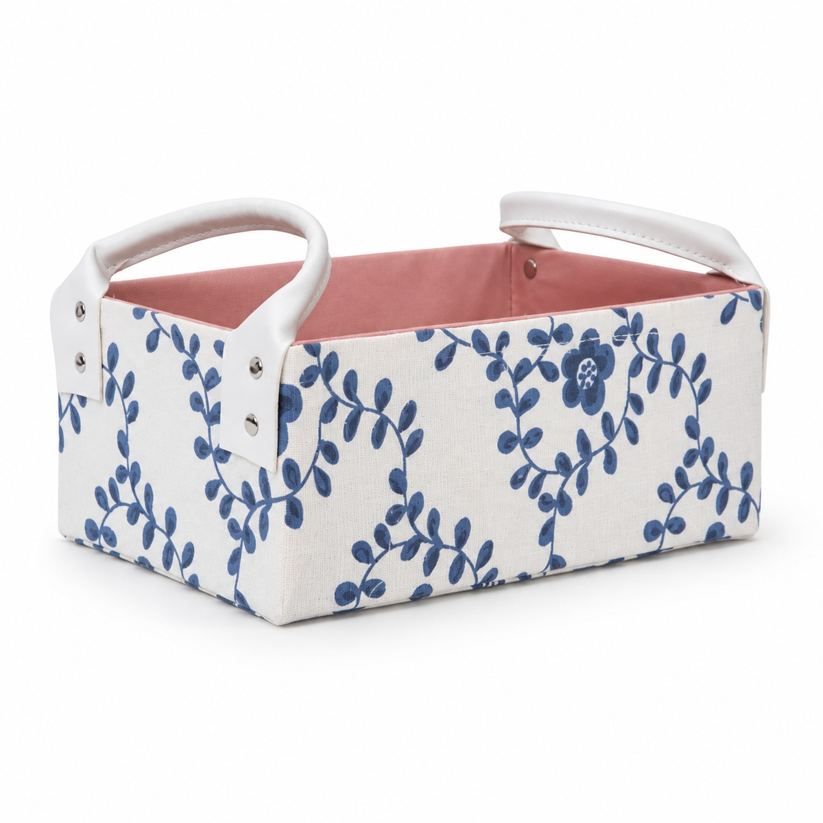 Blue Floral Rectangular Fabric Storage Basket with Dual PU Handles