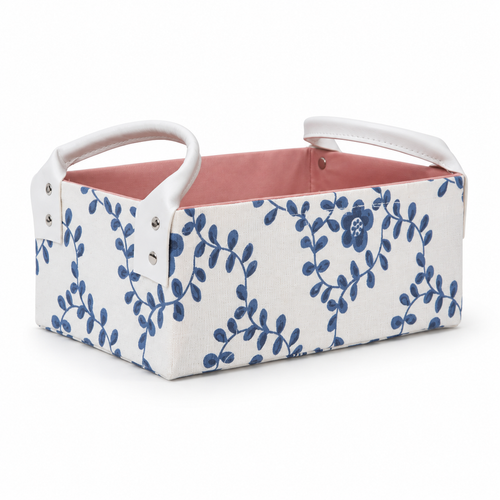Blue Floral Rectangular Fabric Storage Basket with Dual PU Handles