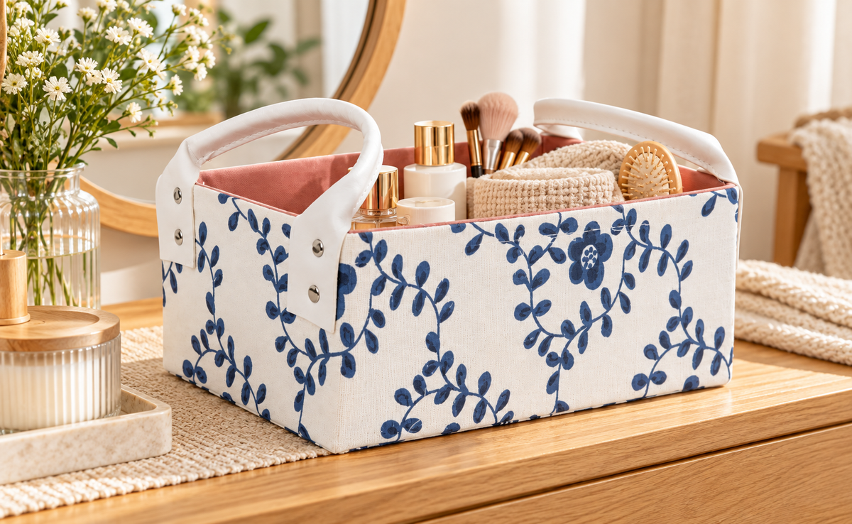 Blue Floral Rectangular Fabric Storage Basket with Dual PU Handles