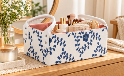 Blue Floral Rectangular Fabric Storage Basket with Dual PU Handles