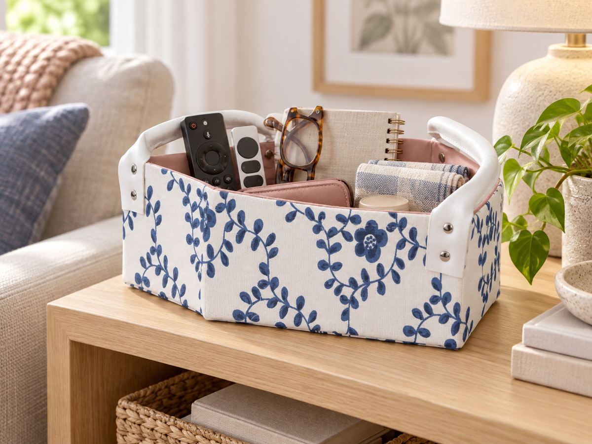 Blue Floral Rectangular Fabric Storage Basket with Dual PU Handles