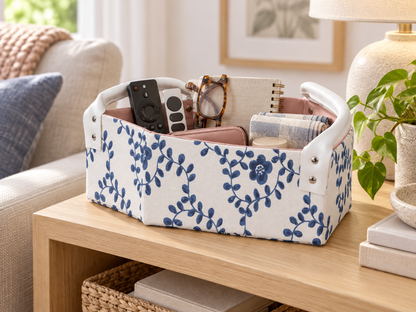Blue Floral Rectangular Fabric Storage Basket with Dual PU Handles