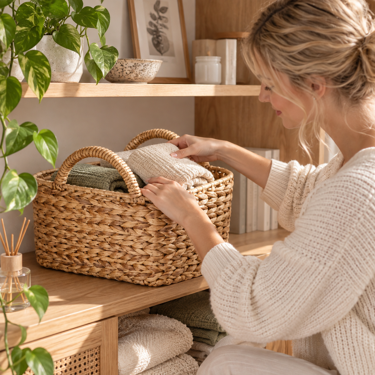 Oval Water Hyacinth Storage Basket – Style B Soft Handle