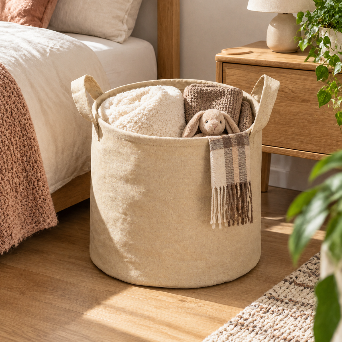 Khaki Open-Top Small Fabric Laundry Basket