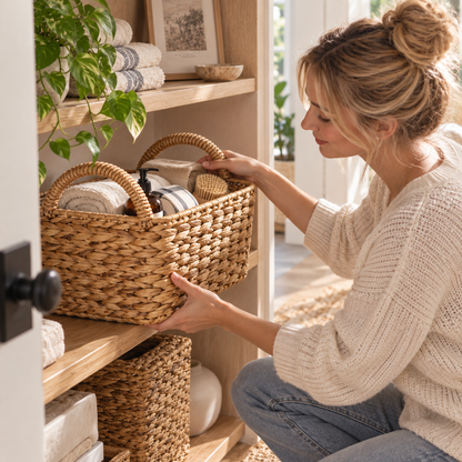 Oval Water Hyacinth Storage Basket – Style B Soft Handle
