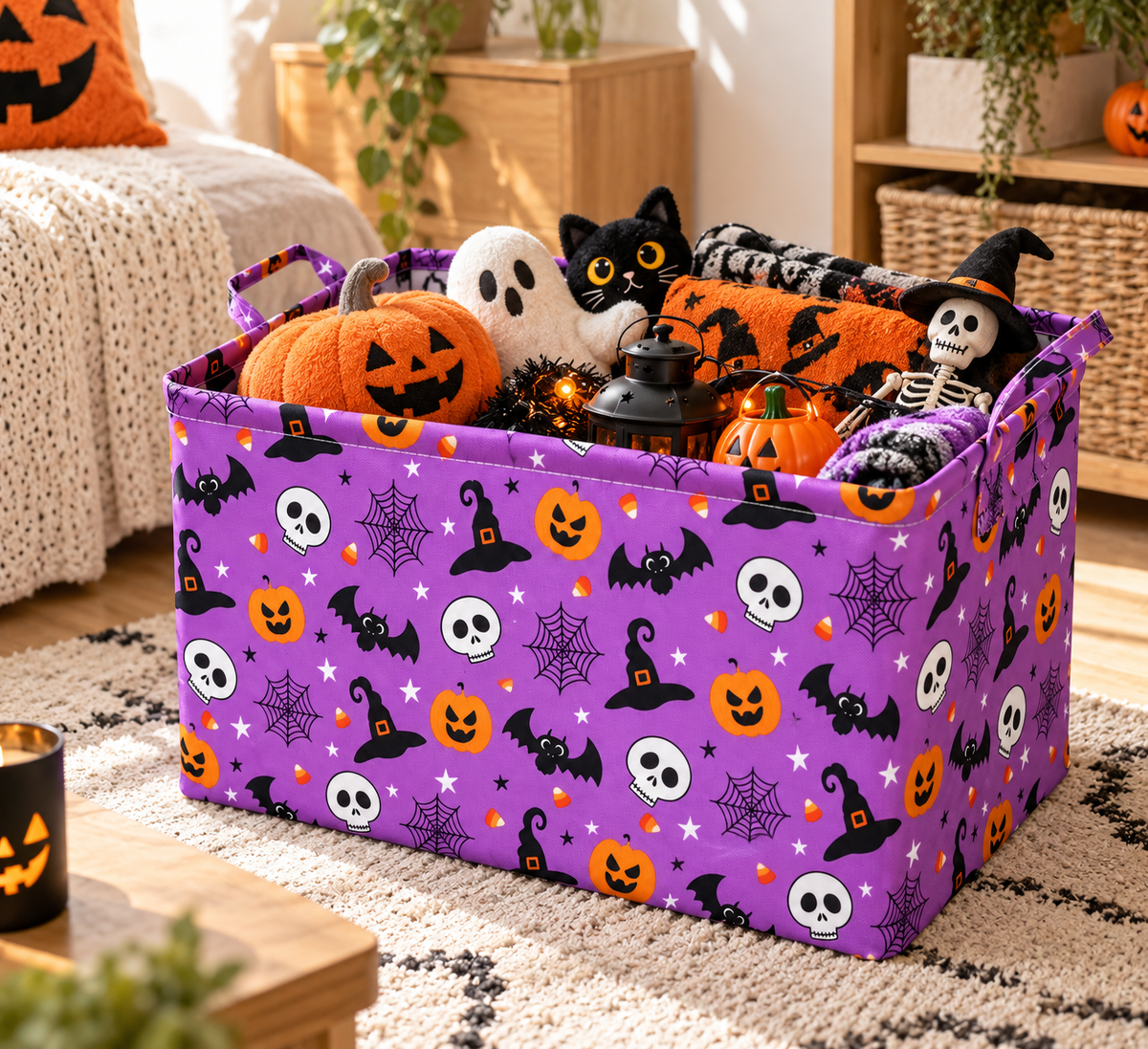 Purple Bat & Pumpkin Halloween Foldable Storage Basket
